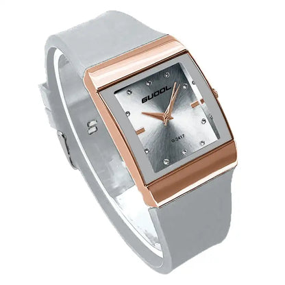 Quartz Rose Gold Square Case Black Silicone Strap Dial Crystal Watch