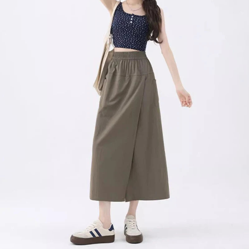 Loose Fit Thin Pants High Waist Slit Korean Midi Cargo skirt