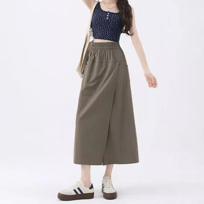 Loose Fit Thin Pants High Waist Slit Korean Midi Cargo skirt
