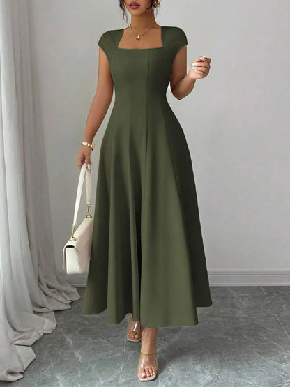 Square Neck Midi Cap Sleeve Fitted Flare Dress