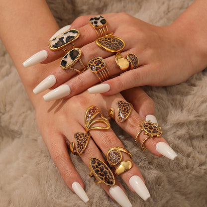 Stainless Steel Retro Geometric Leopard Pattern Adjustable 18K Gold Rings