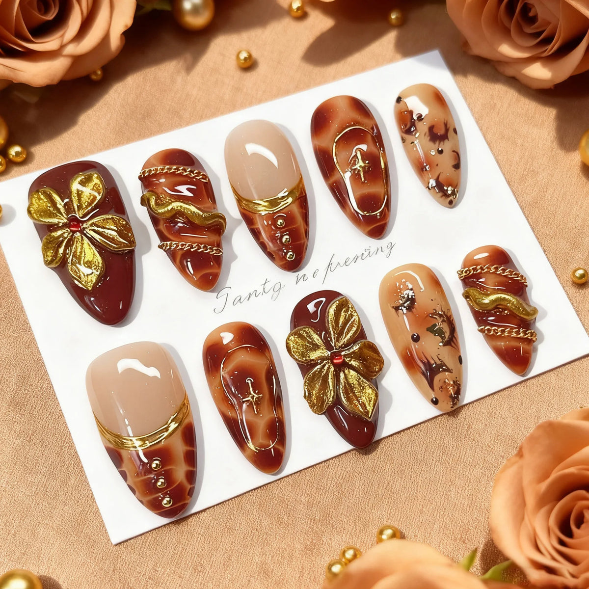 24Pcs Gilded 3D Flower Press on Nails Black French Leopard Print False Nails