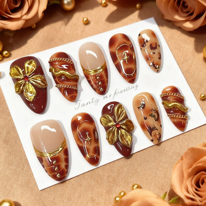 24Pcs Gilded 3D Flower Press on Nails Black French Leopard Print False Nails