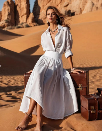 Long Sleeve Button Down Shirt with Collar Pleated A-Line Midi Skirt Dress