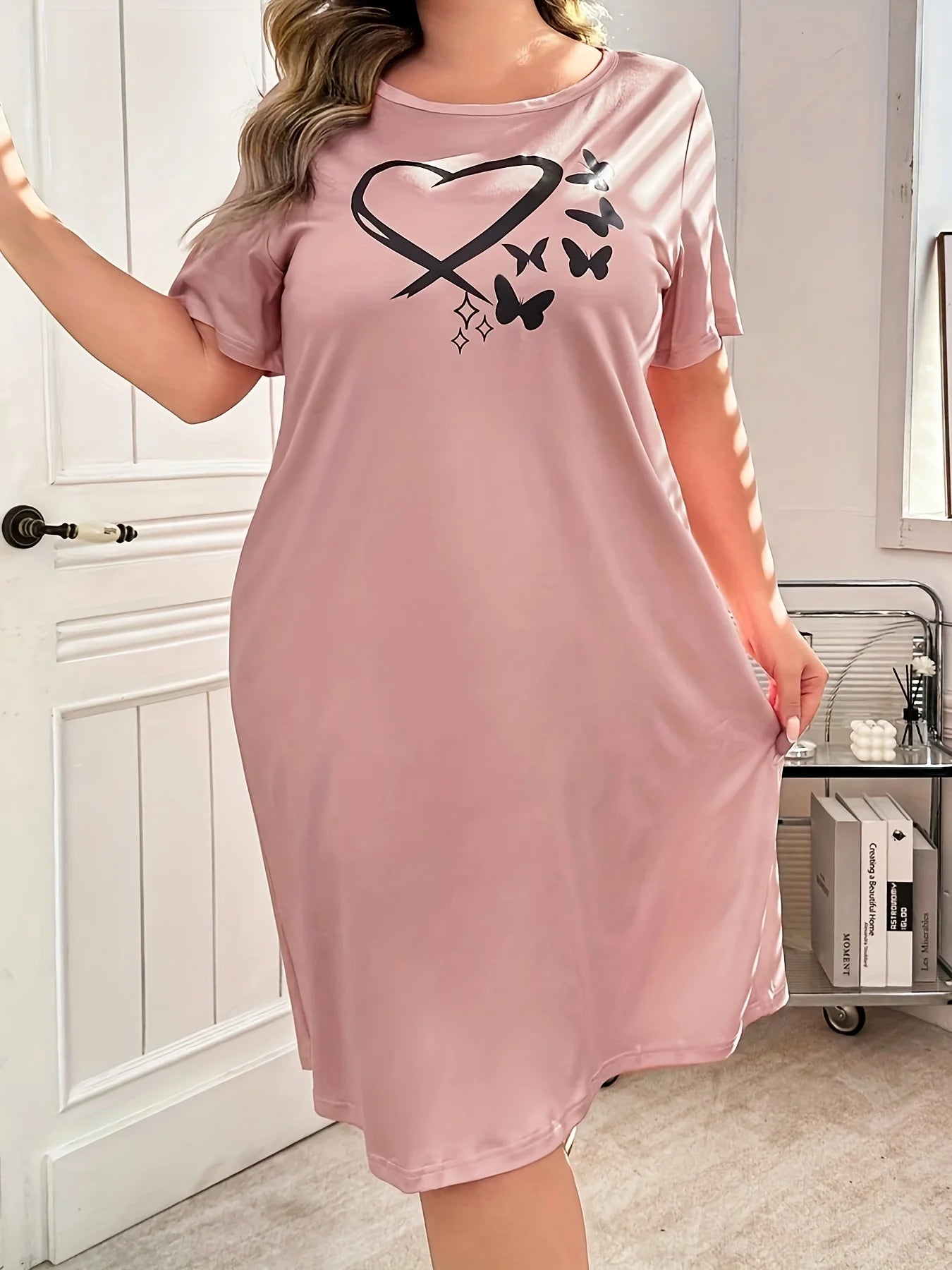 Plus Size Short Sleeve Sleep Dress Heart & Butterfly Print Soft