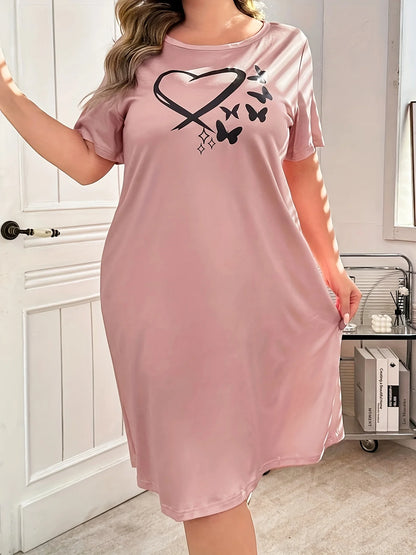 Plus Size Short Sleeve Sleep Dress Heart & Butterfly Print Soft