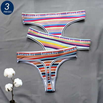 3 Pcs Brazilian Stripe Underwear Colorful Low Waist Cotton G-string Plus Size