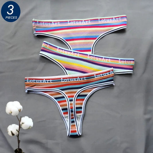 3 Pcs Brazilian Stripe Underwear Colorful Low Waist Cotton G-string Plus Size