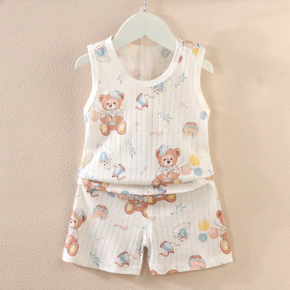 Cartoon Thin Style Sleeveless Baby Pajamas Set