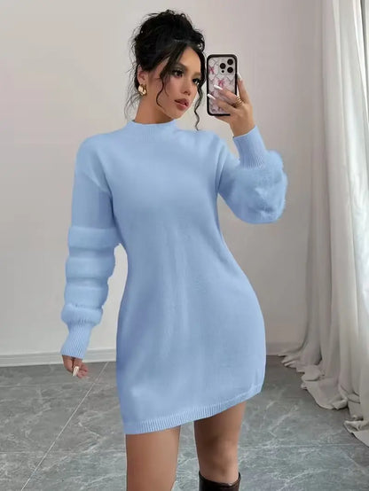 Casual Stand-Collar Loose-Fit Knit Patchwork Dress