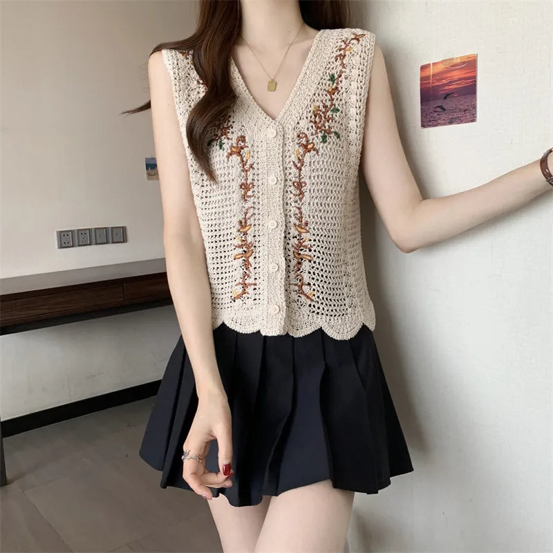 Floral Vest Button Front Waistcoat Openwork Knit Sleeveless Jacket