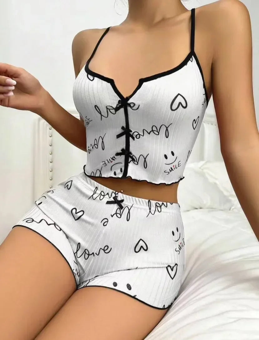 Heart Print Soft Ribbed Fabric lingerie Set