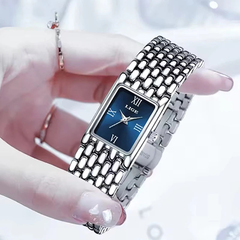 Quartz Silver Simple Square Luxury Stainless Steel Folding Wristwatch