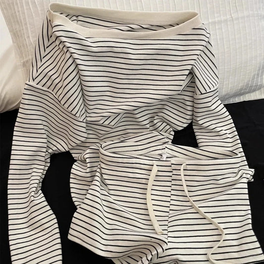 Korean Style Striped Long Sleeve Drawstring Shorts Sleepwear Pajama Set