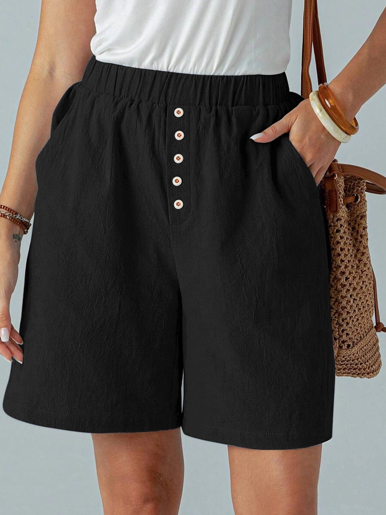 Summer Casual Loose Pocket Buttoned Linen Shorts