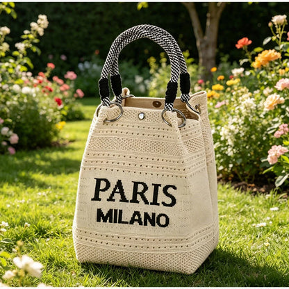 Letter Print Hollow Knit Bucket Lightweight Woven Handbag Small Tote Bag