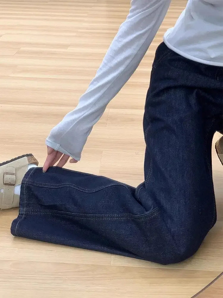 Dark Blue High Waist Loose Wide Leg Pants Jeans