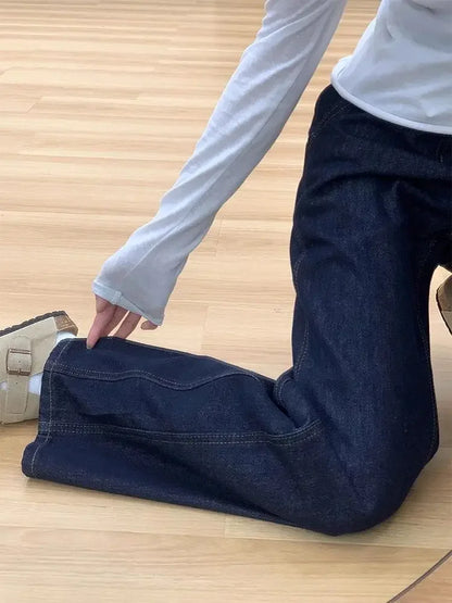 Dark Blue High Waist Loose Wide Leg Pants Jeans