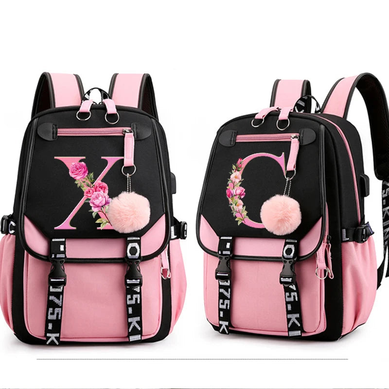 Black Pink Backpacks 26 Initials Flower A-Z Alphabet Large Capacity Students Bookbag