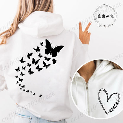 Butterfly Heart Hoodie Zip Up Vintage Hooded Sweatshirts Hip Hop Streetwear