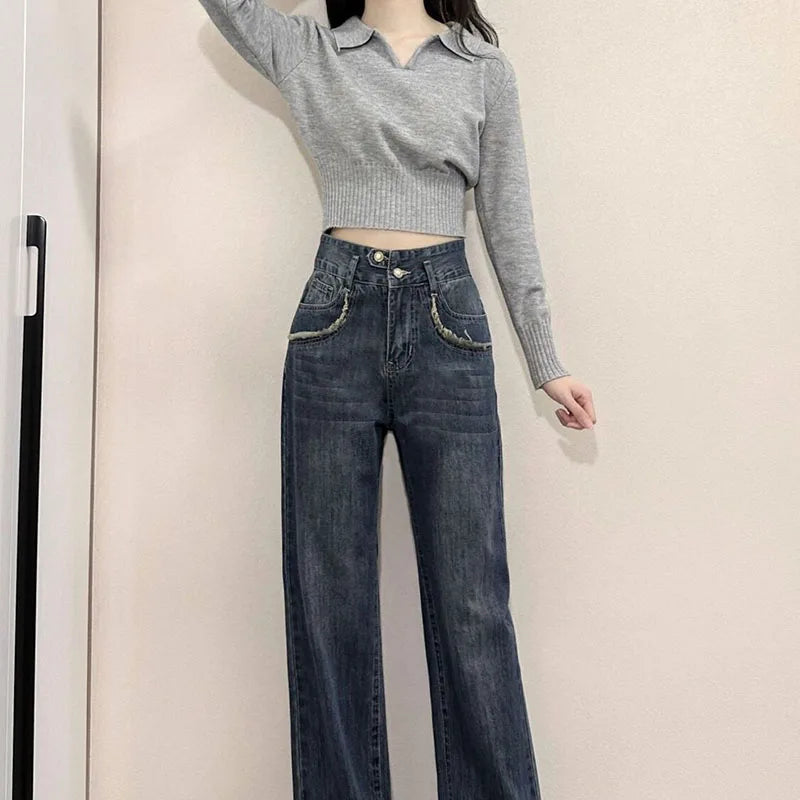 Korean Chic Turndown Collar Gray Slim Fit Long Sleeve Cropped Sweater