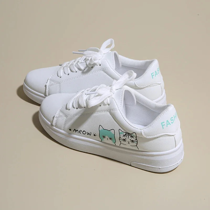 Breathable Vulcanized Cute Cat Cartoon Lace Casual Sneakers
