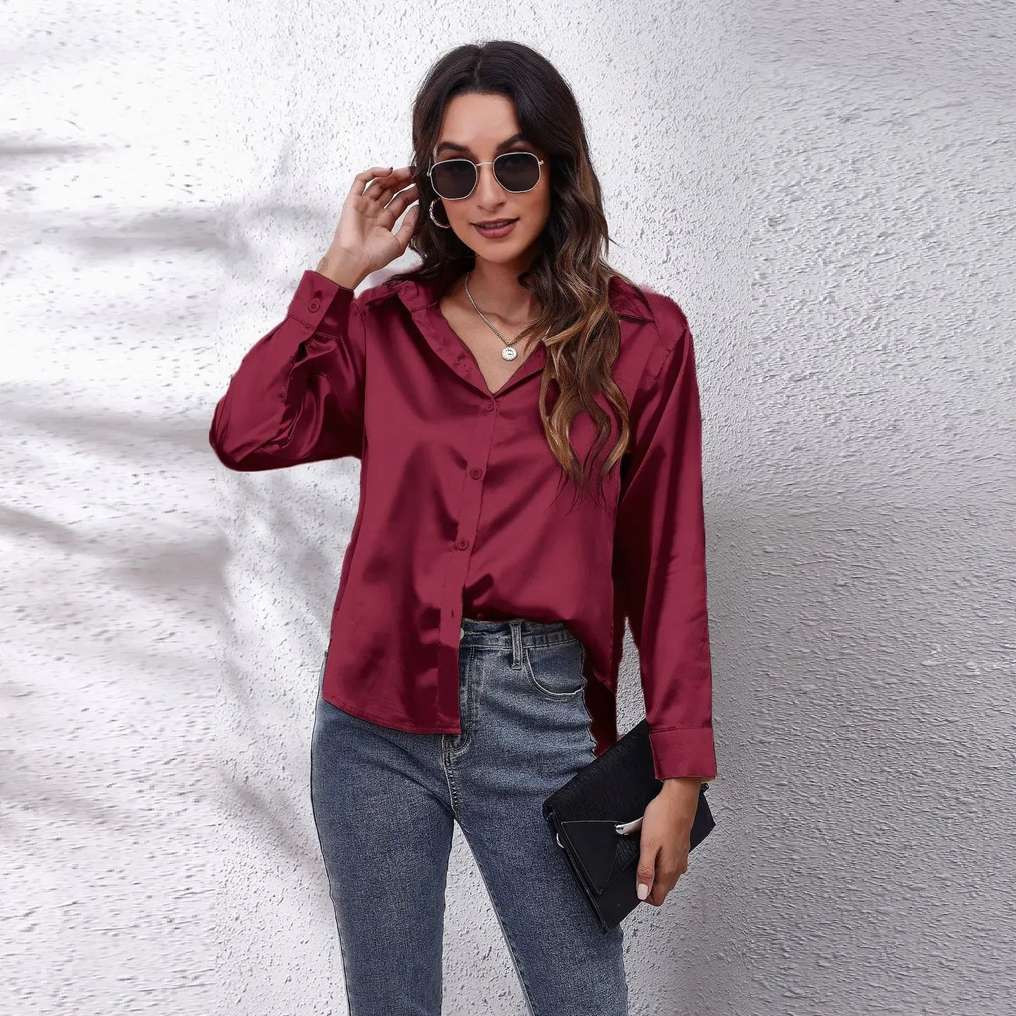 Solid Satin Shirt Long Sleeve Shirt