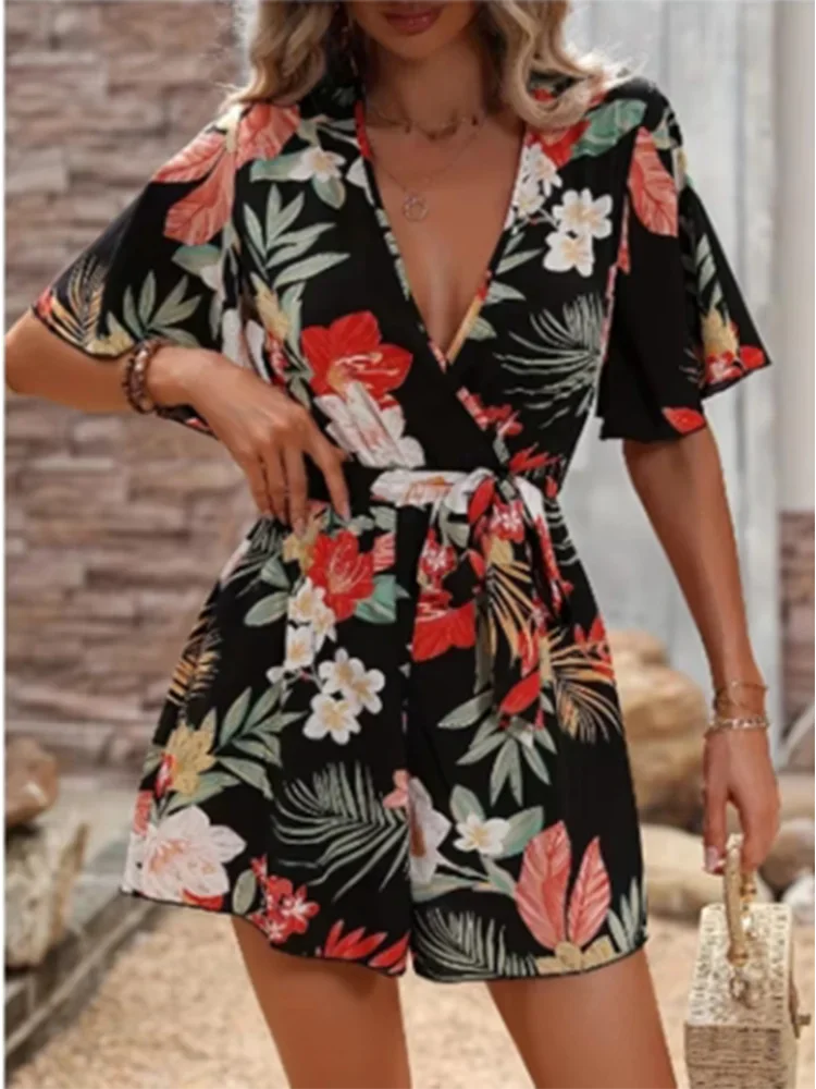 Printed V-neck Short Sleeve Jumpsuit