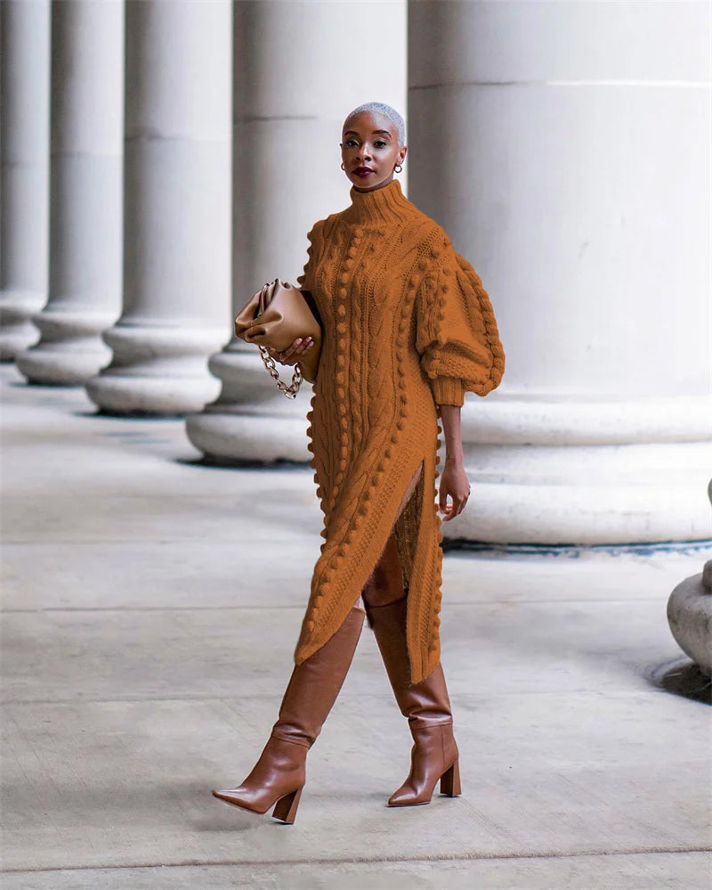 Long Sleeve Ribbed Knitted Stretchy Midi Dresses