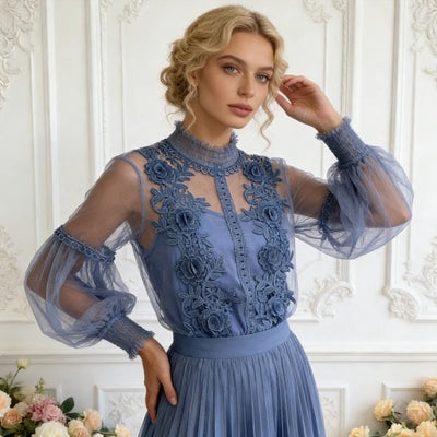Vintage Lace Sweet Flower Perspective Mesh Lantern Sleeve Shirts