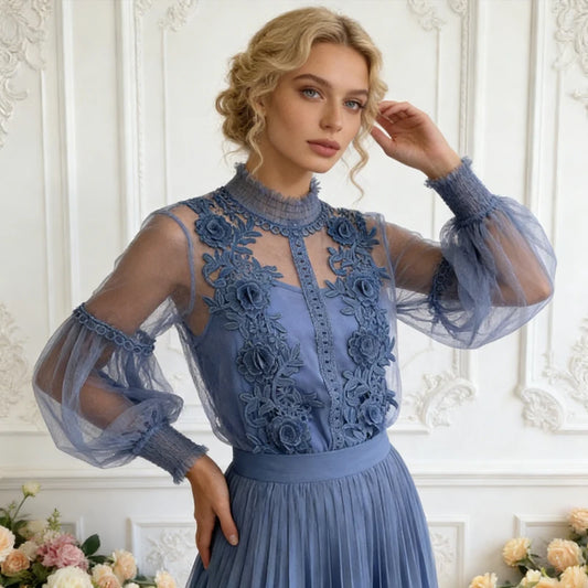 Vintage Lace Sweet Flower Perspective Mesh Lantern Sleeve Shirts