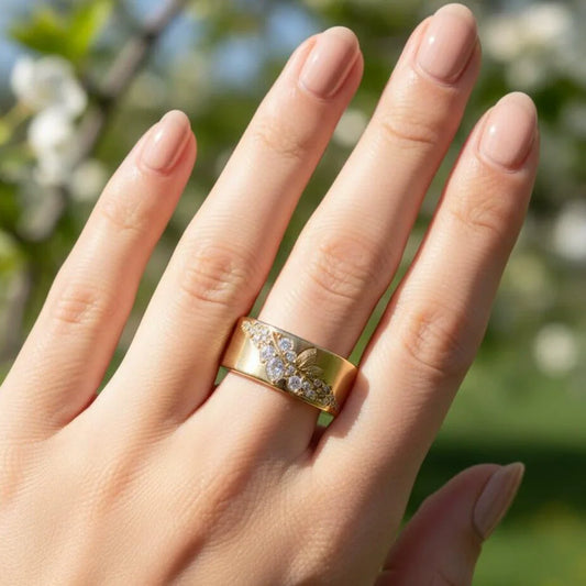 Exquisite Plant Leaf Pattern Gold Wide Face Inlaid with Zircon Finger Rings