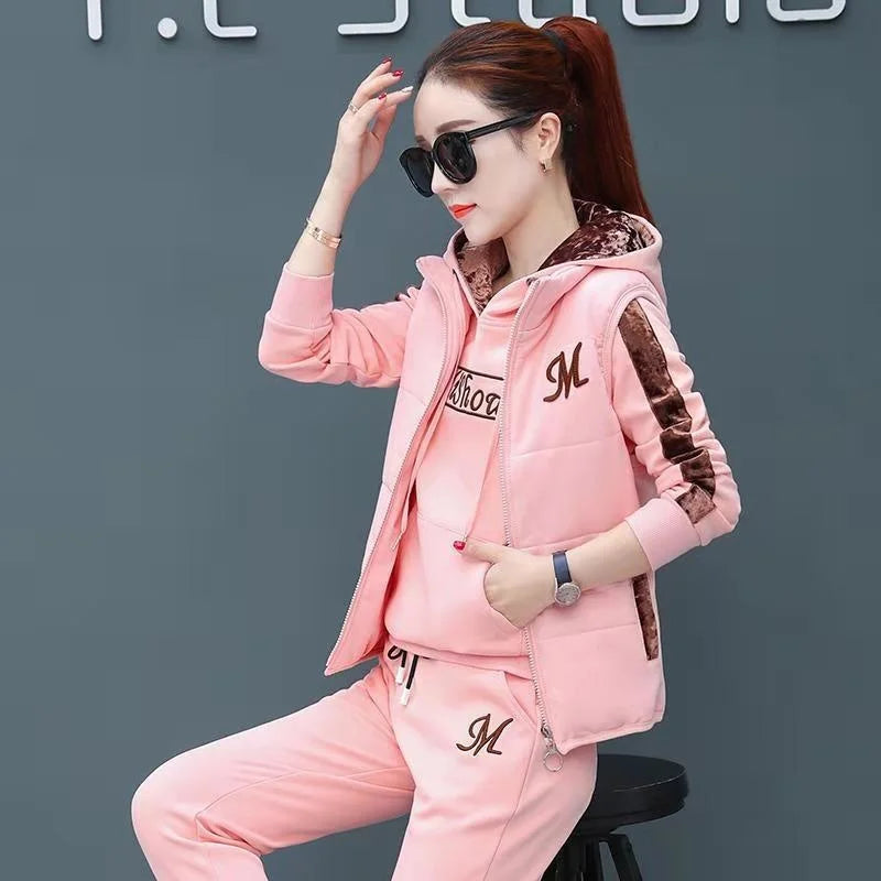 Casual Autumn Winter Thickened Hooded Waistcoat Pants 3 Three Piece Sets