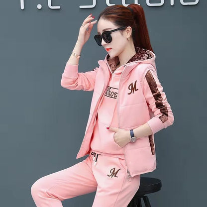 Casual Autumn Winter Thickened Hooded Waistcoat Pants 3 Three Piece Sets