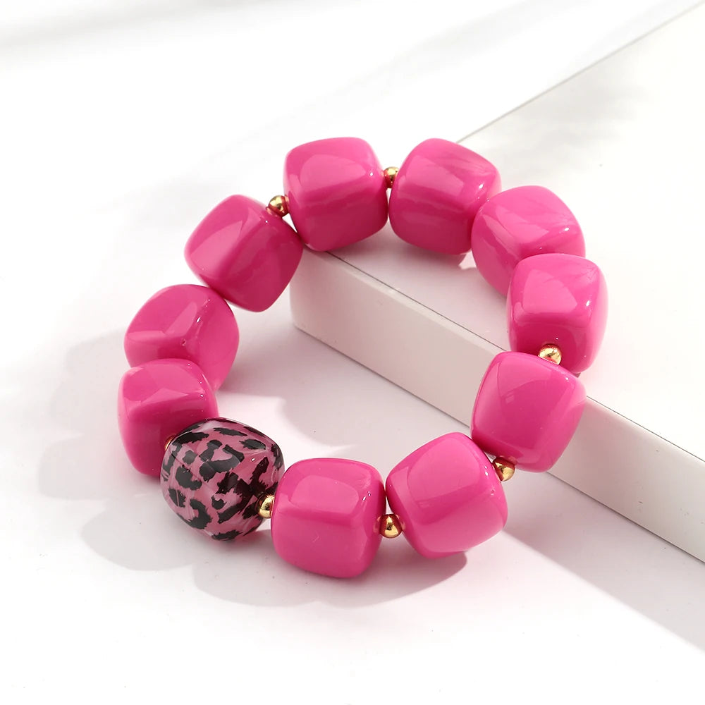 Pink Square Breaded Elastic Resin Geometric Beads Stretch Cuff Bangle Bracelets