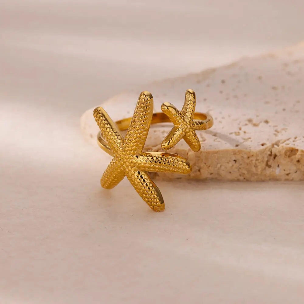 Stainless Steel Starfish Open Rings Gold Geometric Adjustable Ring