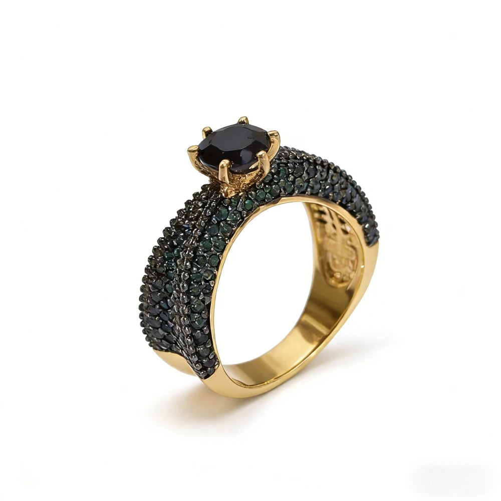 Luxury Gold Plated Black Stone Green Stone Engagement Ring Set