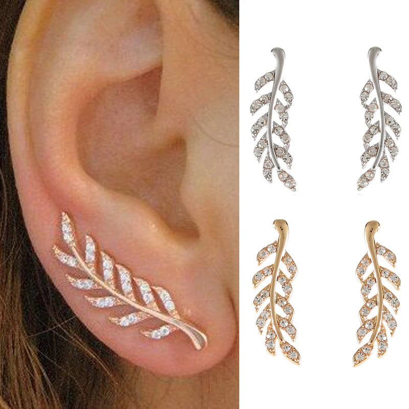 Hollow Out Leaves Crystal Ear Stud Earring