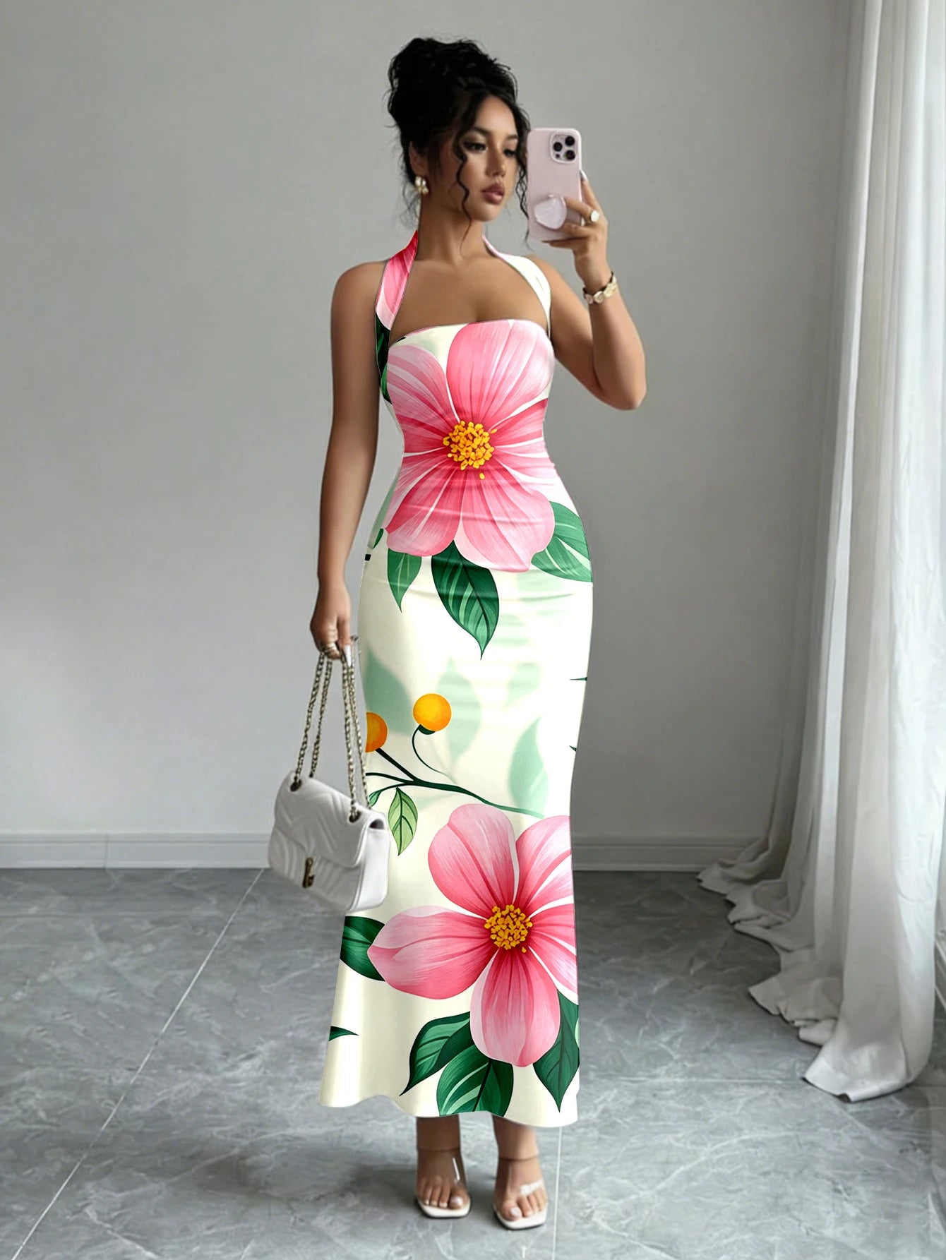 Hip-Hugging Sleeveless Long Collar Flowing Dress