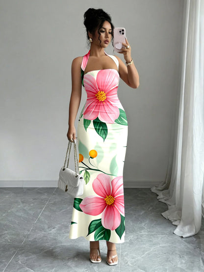 Hip-Hugging Sleeveless Long Collar Flowing Dress
