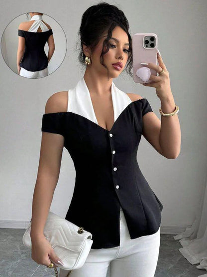 Black White Contrast Off-Shoulder Halter Neckline Top
