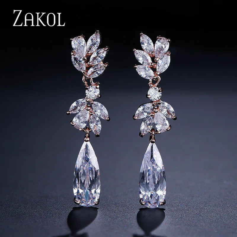 White Zircon Leaf Dangle Shinny Water Drop Crystal Earring