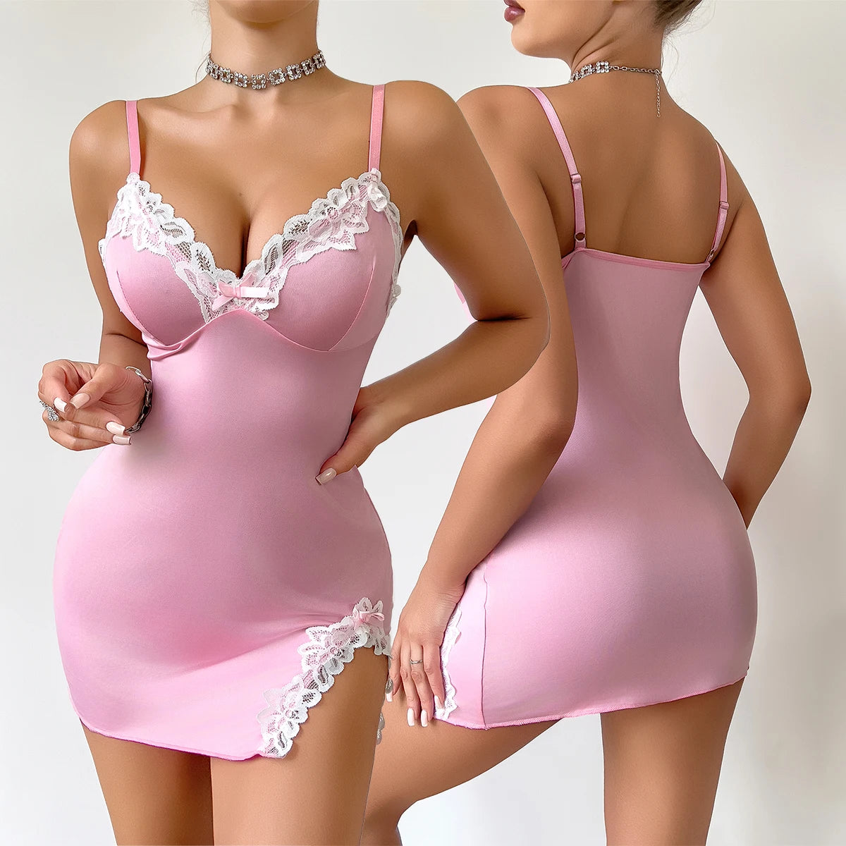 Nightdress Seductive Pink Deep V Sleeveless Lingerie