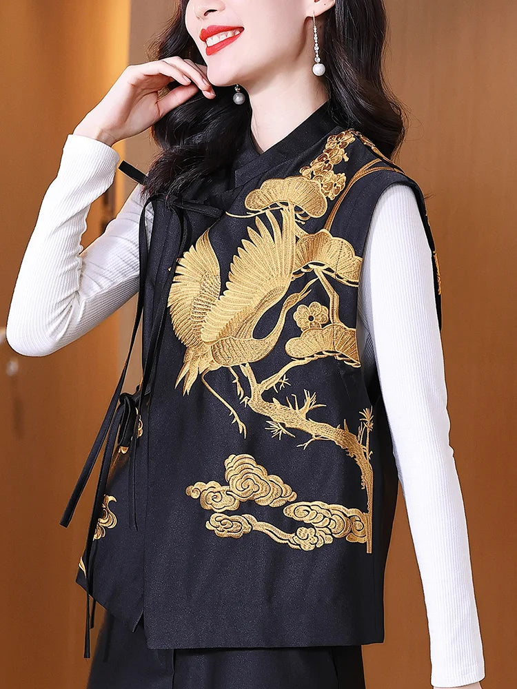 Chinese Style Outerwear Vest Flowers Embroidered Lacing Vests