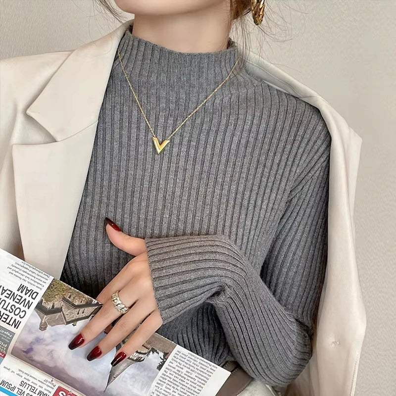 Knitted Long Sleeve Mock Neck White Knit Tops Sweaters