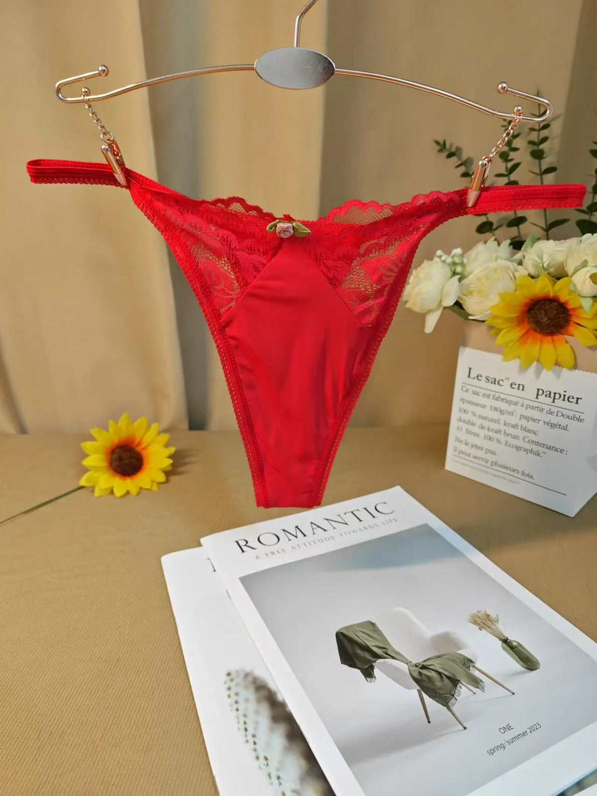 Sexy Low - Waist Thong Floral Embellishments Underwear