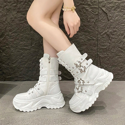 Platform Round Head Belt Buckle Locomotive Thick-soled Boots