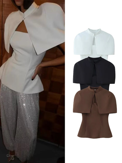 Elegant Side Zipper Strapless Tops+ Vintage O-Neck Cloak Set