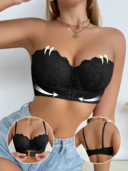 Floral Lace Bra Front Closure Push up Bra Convertible Straps Lingerie
