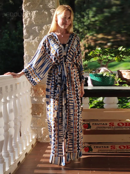 Retro Printed Long Sleeve Self Belted Plus Size Bohemian Blouses